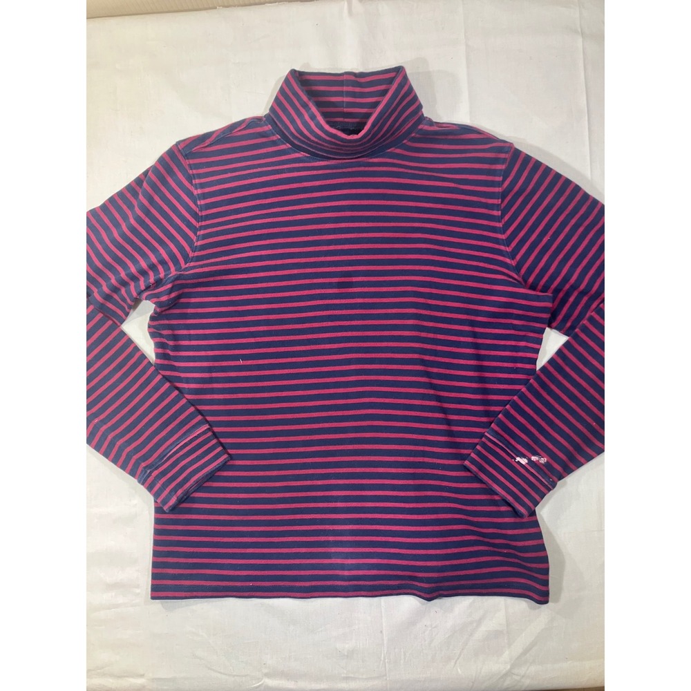LL Bean Mens Large Mock‎ Neck Long Sleeve Striped Shirt Navy Pink Cotton 505965